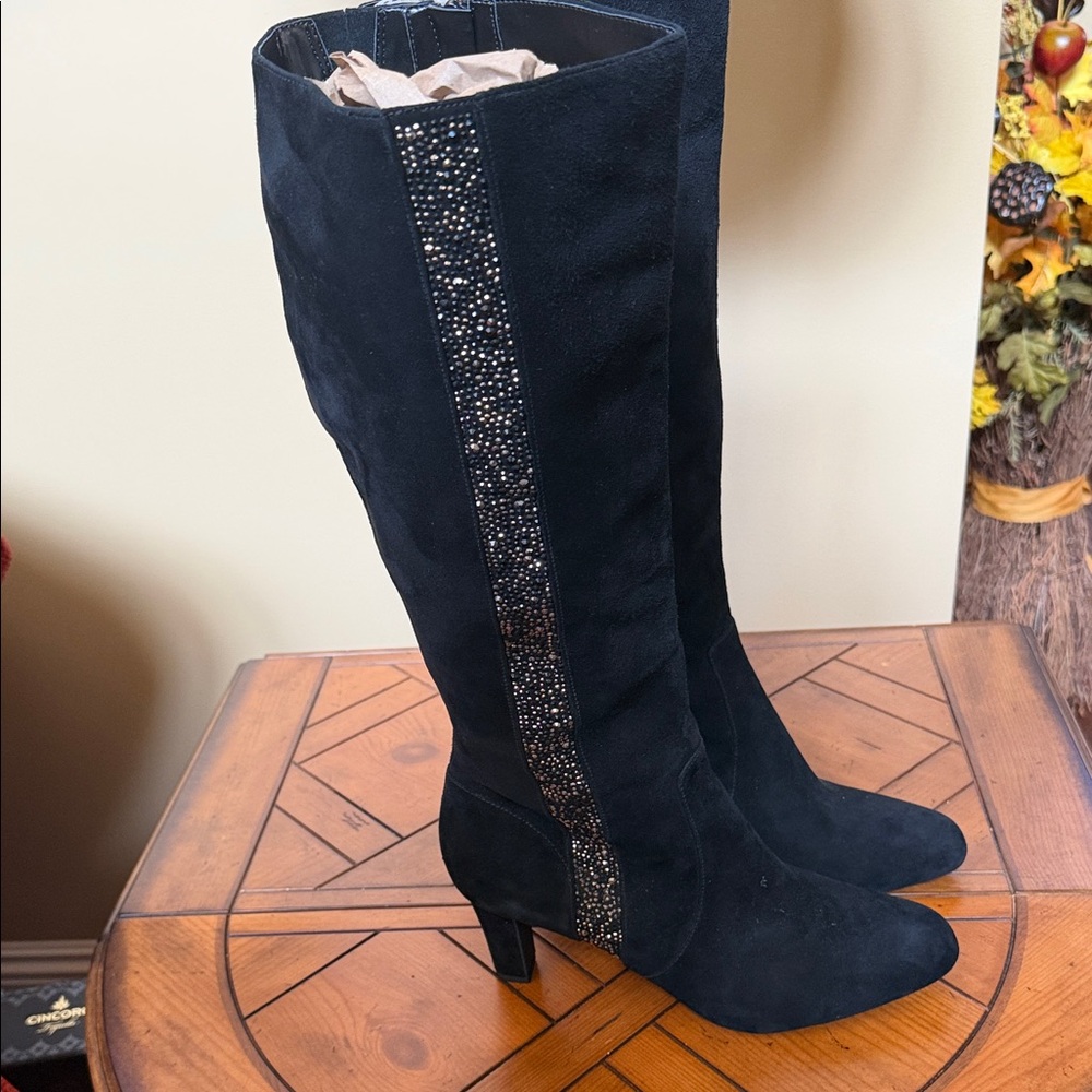 Alex Marie Black Suede Heeled Boots with Embellished Detail